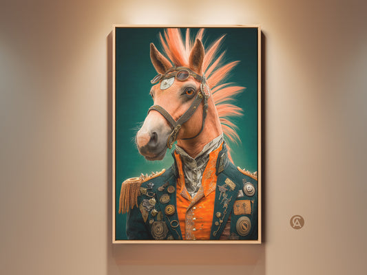 View of a framed Steampunk Horse Portrait Art Print. This Victorian animal wall decor adds an eclectic touch. Perfect for a study or office canvas. It is a unique piece.