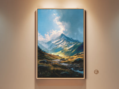 Framed mountain landscape artwork. The print features a stunning vista with snow-capped peaks. Golden light illuminates the valley below. This framed art adds natural beauty to any room. The artwork is printed on high-quality materials.