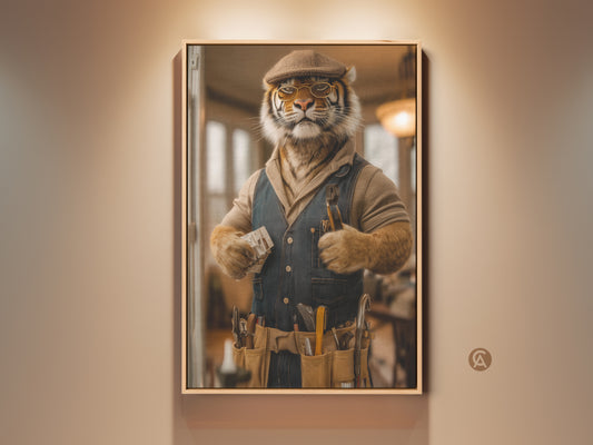 Framed vintage tiger craftsman canvas art print showcased indoors. He's in a cap glasses and tool belt. This anthropomorphic animal artwork brings eclectic style to a study or home office space as wall decor.