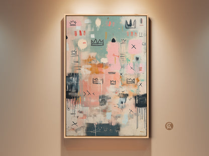 Modern abstract artwork featuring crown motifs and drips. The art is framed in a natural wood tone. This contemporary painting adds a touch of urban sophistication to any space. Perfect for modern art collectors.