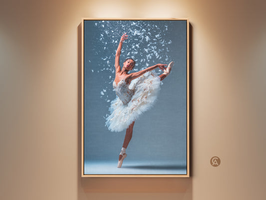 Framed ballerina canvas art. Ballerina in a white tutu. She is en pointe with one leg extended high. White feathers accent the artwork. The frame is a light wood color. This beautiful ballet art is ready to hang and enjoy.