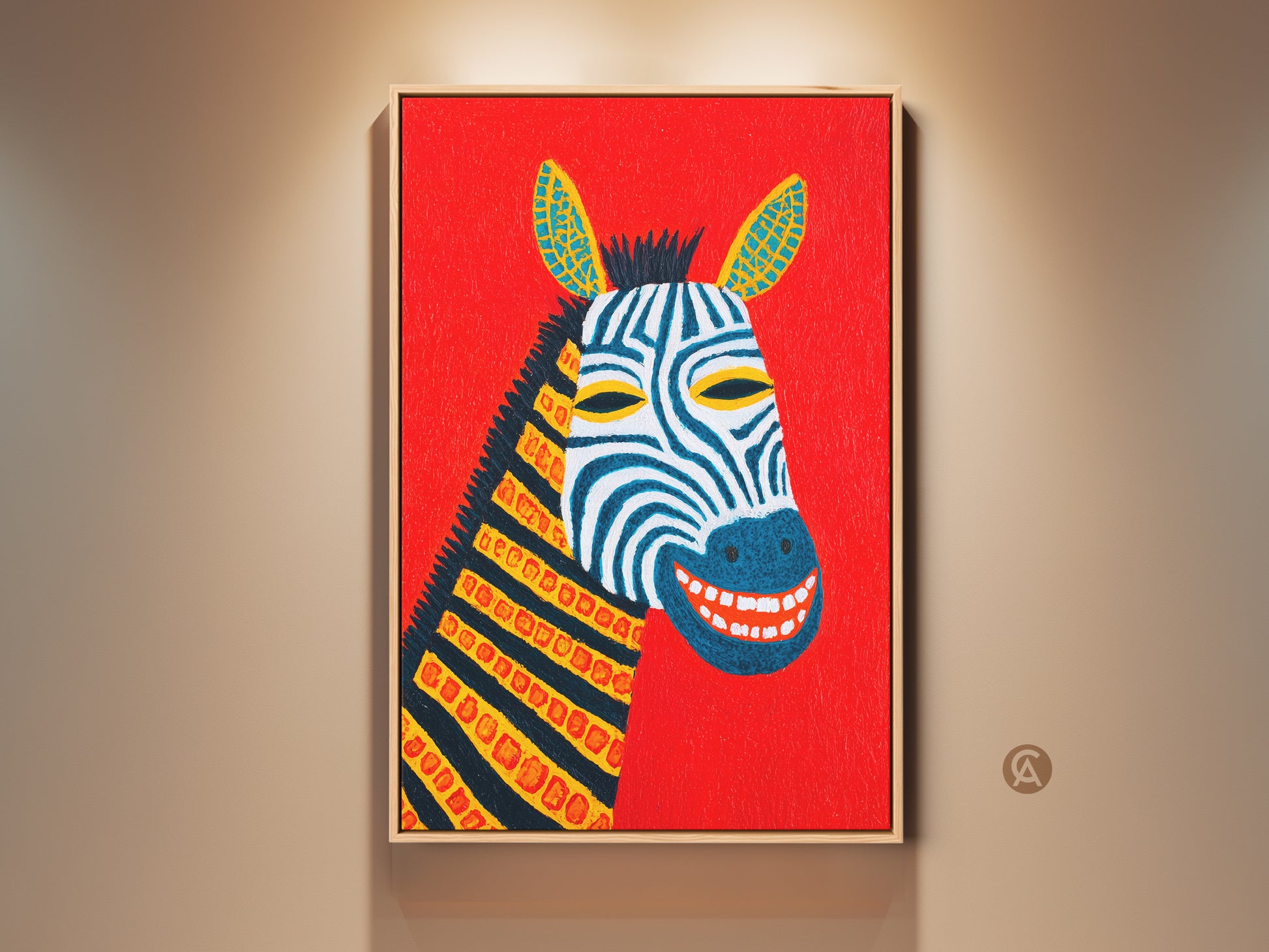 This is a kids room abstract zebra artwork. It has a folk style animal subject. This wall decor features a vibrant red background. It is a blue and yellow nursery canvas. Get this eclectic home gift today
