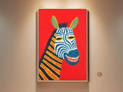 This is a kids room abstract zebra artwork. It has a folk style animal subject. This wall decor features a vibrant red background. It is a blue and yellow nursery canvas. Get this eclectic home gift today