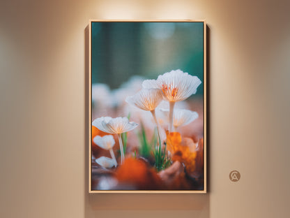 Framed mushroom art print. This nature-inspired artwork showcases a close-up of delicate white mushrooms. The print is framed in a natural wood tone. It's perfect for adding a touch of organic beauty to your living space.