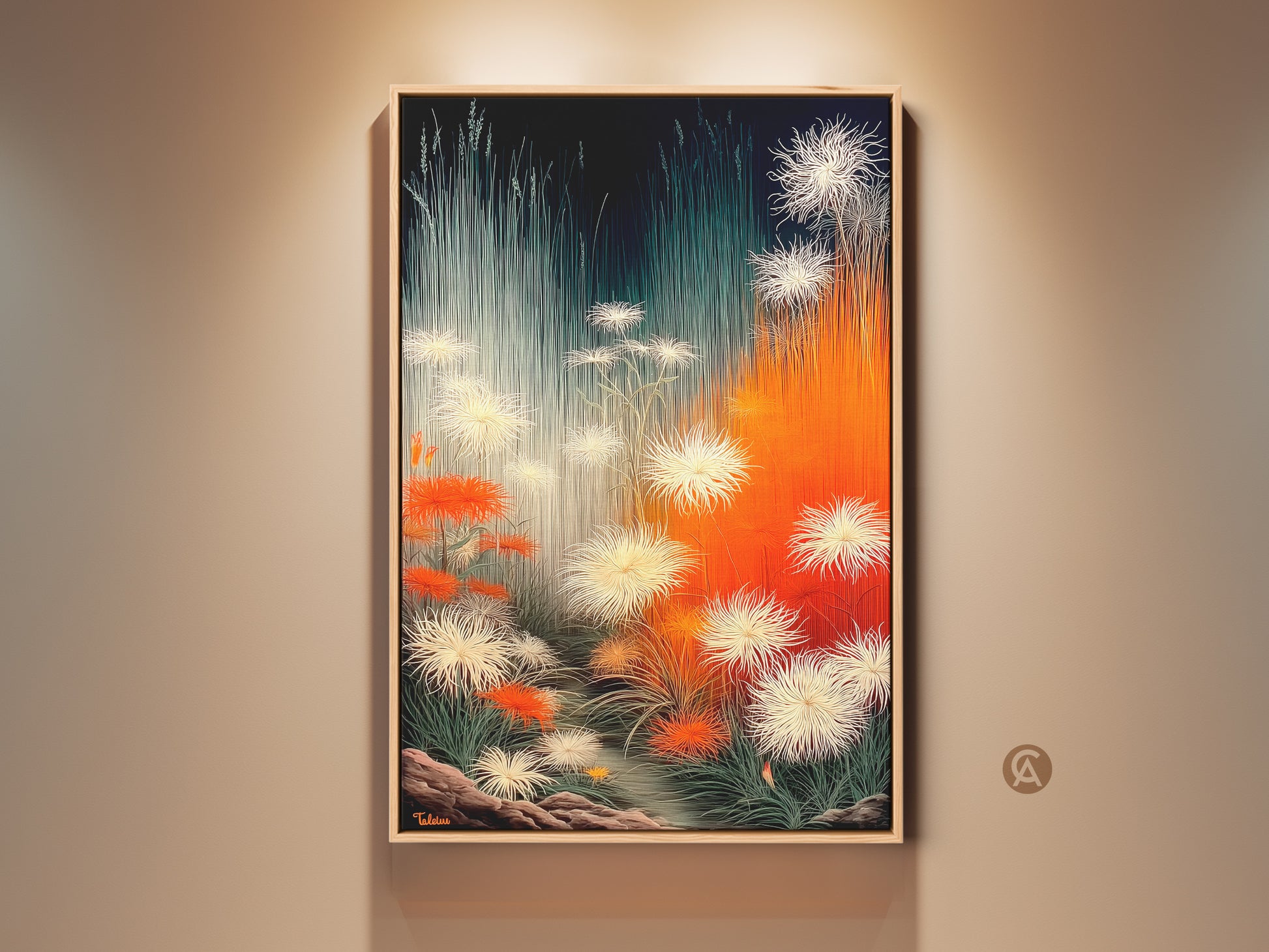 Botanical wall art featuring orange white and teal abstract floral artwork. Dandelion nature artwork on canvas adds a modern contemporary touch. A unique gift idea for minimalist homes and plant lovers. The piece brings sophisticated nature-inspired decor to any living room or bedroom.