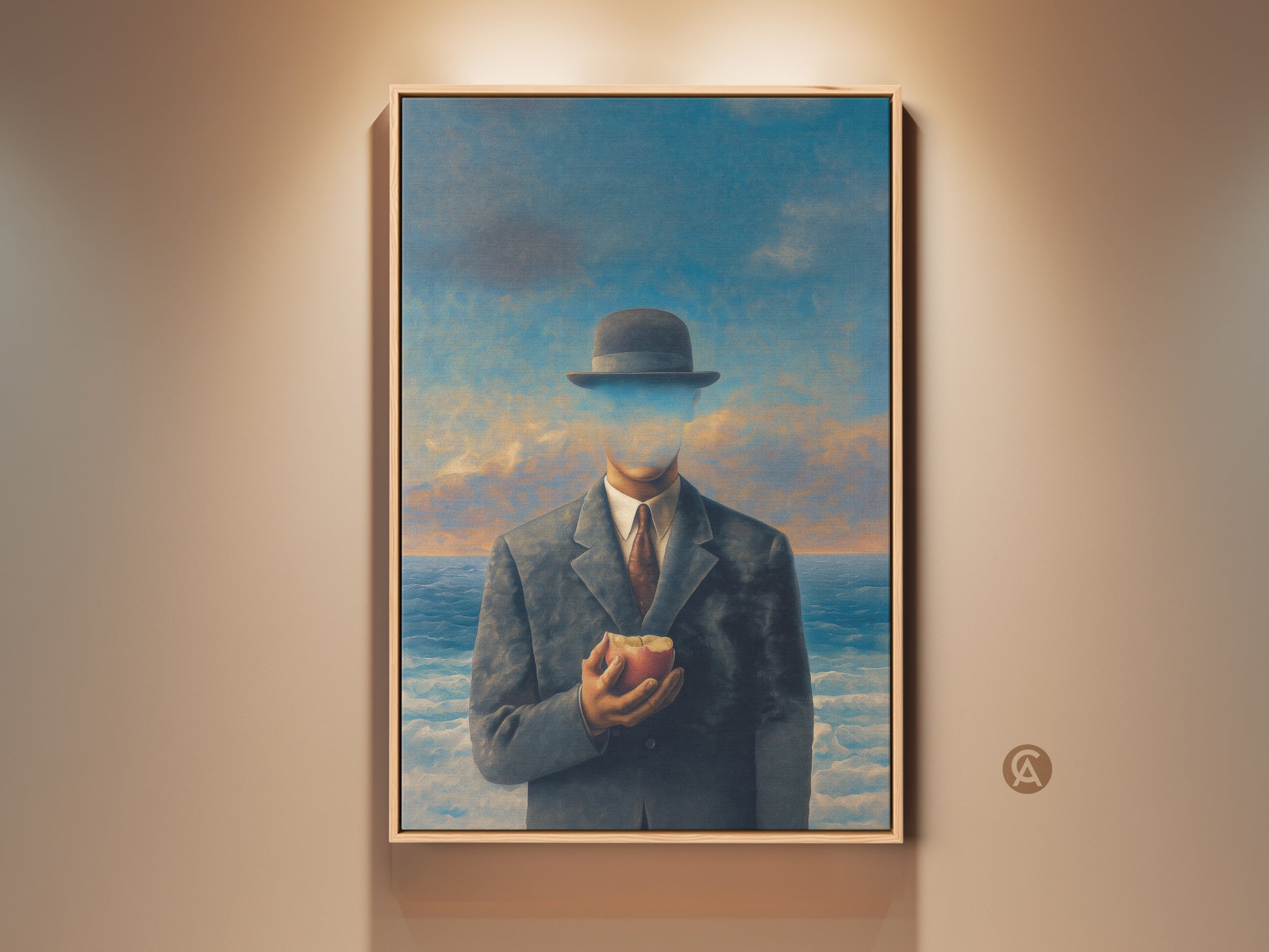 Man in Suit Apple Art Print for study room office decor. Surrealist wall decor featuring a man holding an apple. The cloudy sky ocean canvas art evokes philosophical contemplation. This classical realism artwork adds eclectic style to any home. A unique gift for philosophers dreamers thinkers.