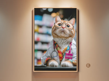 Framed orange cat doctor art print. A funny animal artwork perfect for an office. It makes a great veterinarian gift. This cat lover wall decor is humorous professional art. The eclectic frame enhances the whimsical cat portrait print.