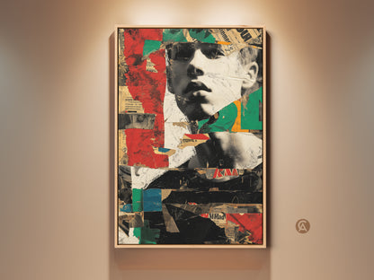 Framed eclectic man portrait art print. This urban collage wall art features retro newspaper style. Red and green accents make it a bold office wall decor piece. Perfect for art enthusiasts.