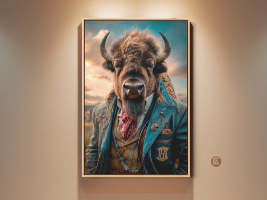 This canvas art features an eclectic bison portrait. A vintage western style wall decor suitable as a gift for study room. The bison is depicted in a suit. It blends brown and blue hues for a unique aesthetic. The artwork adds character to any study or office space.