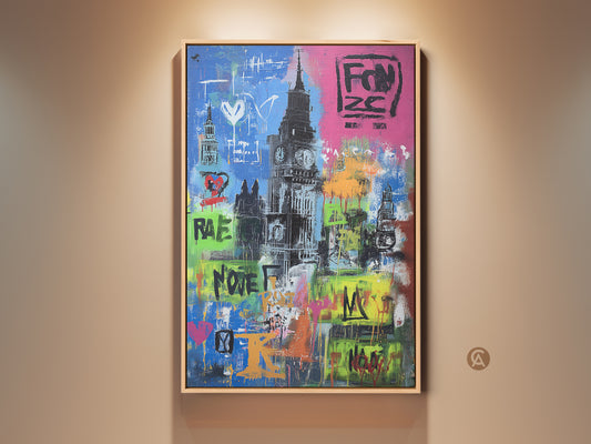 A framed canvas print features a Big Ben cityscape. It's infused with graffiti and street art. The artwork blends abstract and urban aesthetics. This eclectic home decor bursts with blue pink and yellow tones. It is a perfect housewarming gift for city and London lovers.