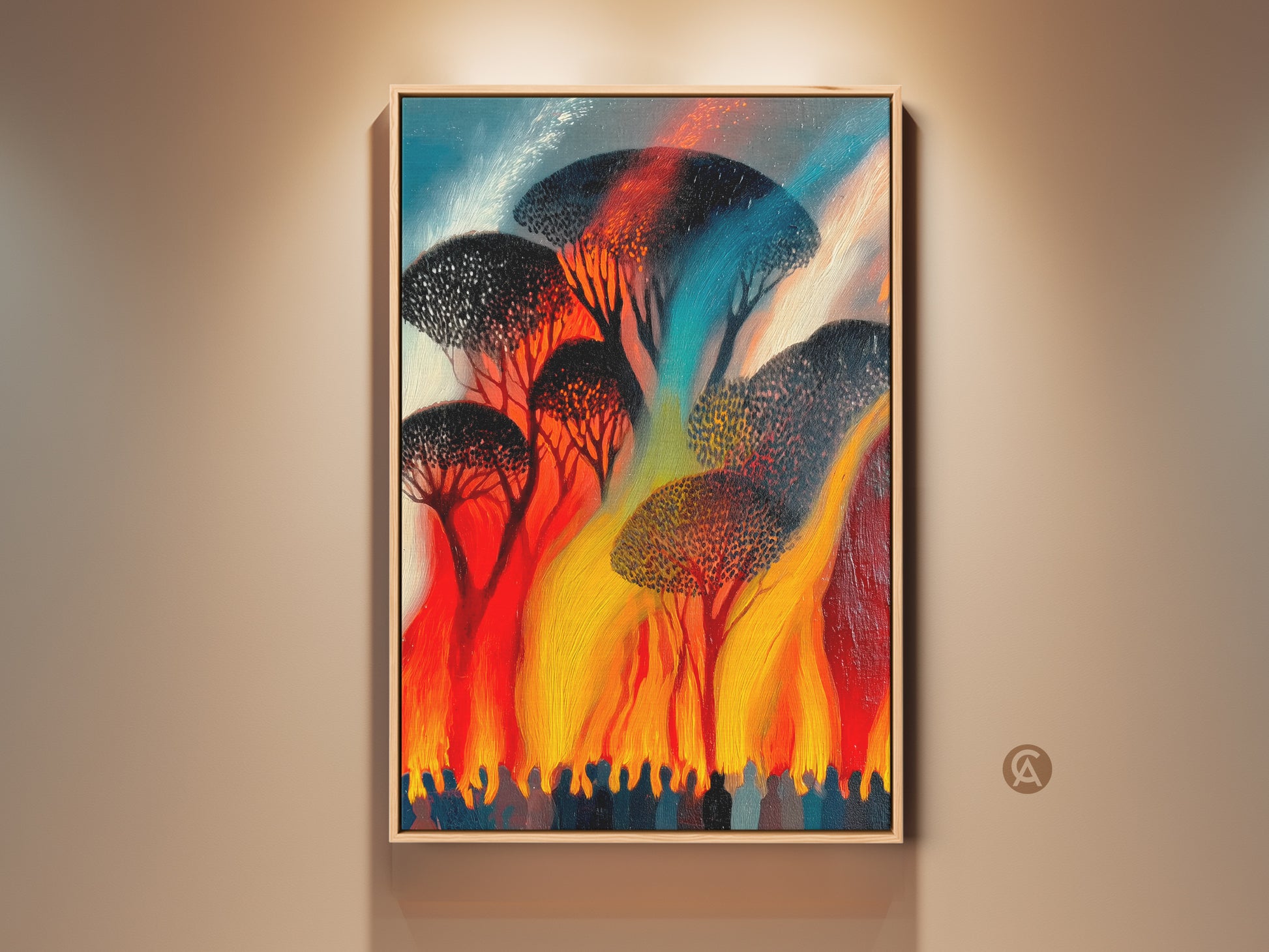 Gallery view of bold brushstrokes abstract trees art print. Expressionist nature canvas adds unique flair to any space. Red orange yellow fantasy wall art as a focal point.