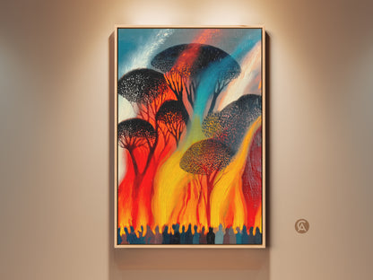 Gallery view of bold brushstrokes abstract trees art print. Expressionist nature canvas adds unique flair to any space. Red orange yellow fantasy wall art as a focal point.