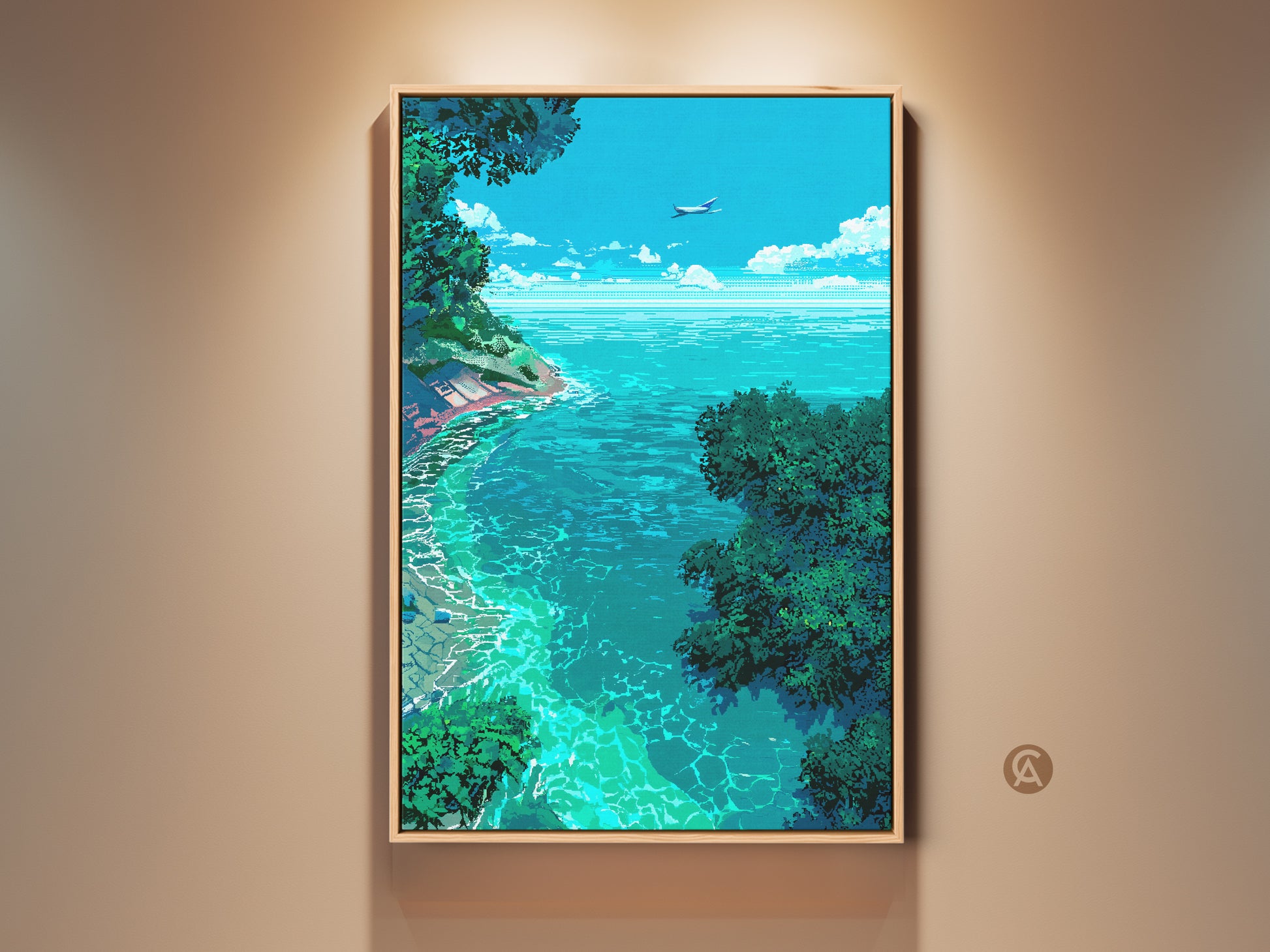 Framed pixel art print of a tropical ocean view. This wall art captures a serene beach scene with lush greenery and a clear blue sky. An airplane flies overhead. Perfect coastal art for a calming atmosphere.