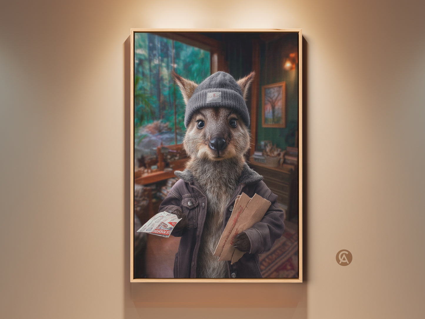 Kangaroo Postman Art Print adds quirky charm to any room. See the whimsical animal wall art perfect for a study or office. It's an eclectic home decor gift sure to spark conversation with its surreal style and warm brown and cool gray tones.