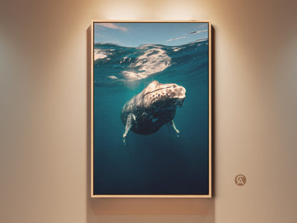 Framed coastal ocean whale art print. It features underwater humpback photography. The deep blue marine life canvas wall decor adds coastal charm. Perfect as bedroom gift. The frame is made of real wood.