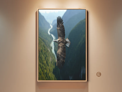 Majestic eagle soars over a green valley in this wildlife photography canvas print. The rustic nature landscape wall art is a perfect bird watcher gift. This avian artwork brings nature's beauty indoors. The natural brown frame complements the blue river below for home or office decor. A premium wildlife print that captures the spirit of the outdoors.