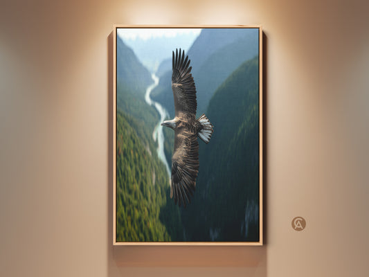 Majestic eagle soars over a green valley in this wildlife photography canvas print. The rustic nature landscape wall art is a perfect bird watcher gift. This avian artwork brings nature's beauty indoors. The natural brown frame complements the blue river below for home or office decor. A premium wildlife print that captures the spirit of the outdoors.