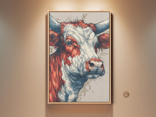 Framed cow artwork displayed on a beige wall. This detailed sketch showcases a red and white cow head with prominent horns. The artwork is framed in a natural wood floating frame. This animal art adds rustic charm to any space.
