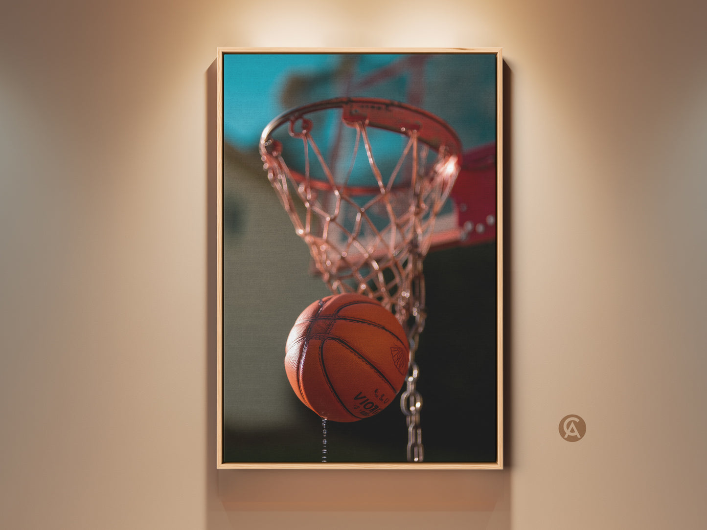 This is a basketball hoop canvas art print. The dynamic action shot captures the energy of the game. It features an orange and teal color palette. It is perfect for a man cave or office. This contemporary sports artwork is a great gift for basketball enthusiasts.
