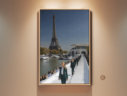 Eiffel Tower cityscape canvas artwork in a wood frame. It shows a Parisian fashion runway and show. This contemporary piece features sky blue and deep green tones. It offers haute couture and Parisian elegance to your home or workspace. Perfect for chic entryway decor or modern office wall art.