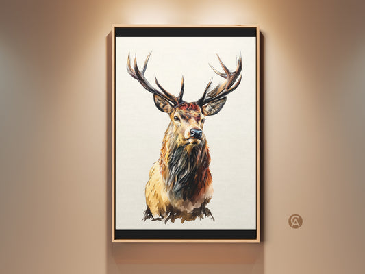 Rustic wildlife art of a majestic stag in a wooden frame. This animal painting features a rich palette of brown yellow and orange. Perfect for adding a touch of nature and rustic charm to your home decor. This Stag canvas print makes a thoughtful gift for nature enthusiasts and housewarmings.