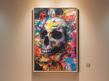 Framed skull art adds color to any room. The artwork features a skull with a yellow cross. The vibrant colors create an eye-catching focal point. This framed art is a unique statement piece.