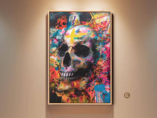 Framed skull art adds color to any room. The artwork features a skull with a yellow cross. The vibrant colors create an eye-catching focal point. This framed art is a unique statement piece.
