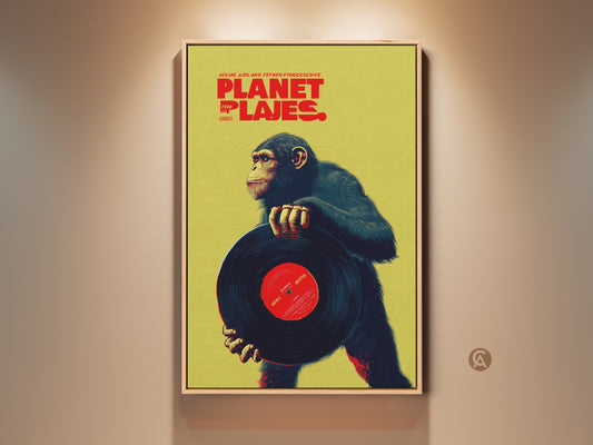 Framed retro art print featuring a chimpanzee holding a vinyl record. This eclectic animal artwork is displayed in a natural wood frame. The print has lime and red accents. This piece is perfect for adding a vintage music vibe to any room like a den or office.