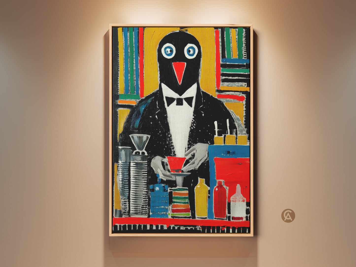 Framed Tuxedo Penguin Art Print. This quirky penguin painting is a perfect office wall decor gift. The modern abstract animal artwork features a black yellow and red color palette.