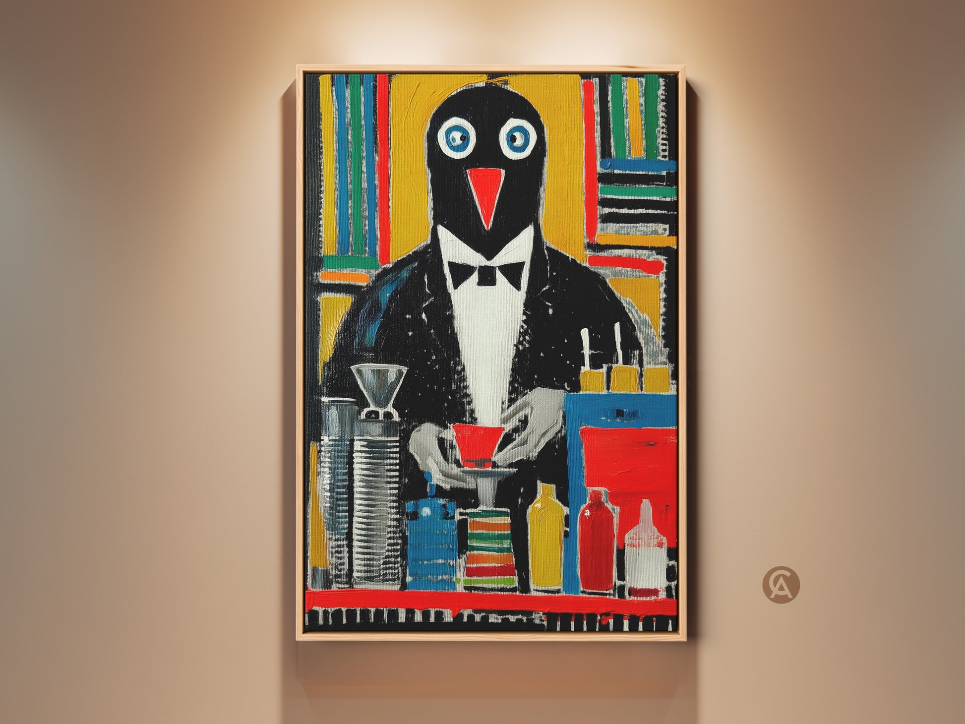 Framed Tuxedo Penguin Art Print. This quirky penguin painting is a perfect office wall decor gift. The modern abstract animal artwork features a black yellow and red color palette.