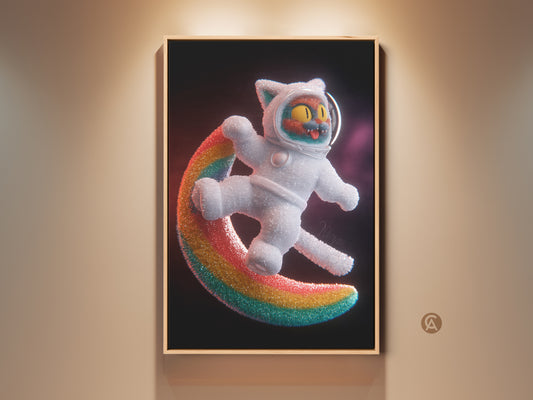 Framed whimsical astronaut cat artwork displayed on a beige wall. This rainbow space cat canvas art adds a touch of fantasy. The surreal animal poster is a unique piece of eclectic home decor. It's a perfect gift for cat lovers and those who enjoy cosmic themes.