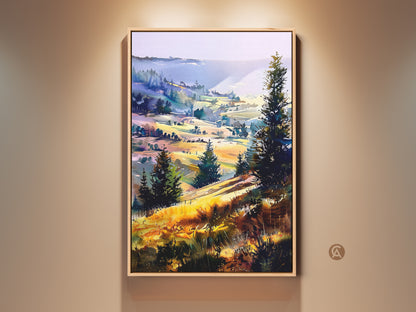 Framed boho landscape canvas print featuring impressionistic hills and trees. The yellow green and purple nature artwork is perfect for bedroom wall decor. The rural scenery painting creates a rustic feel.