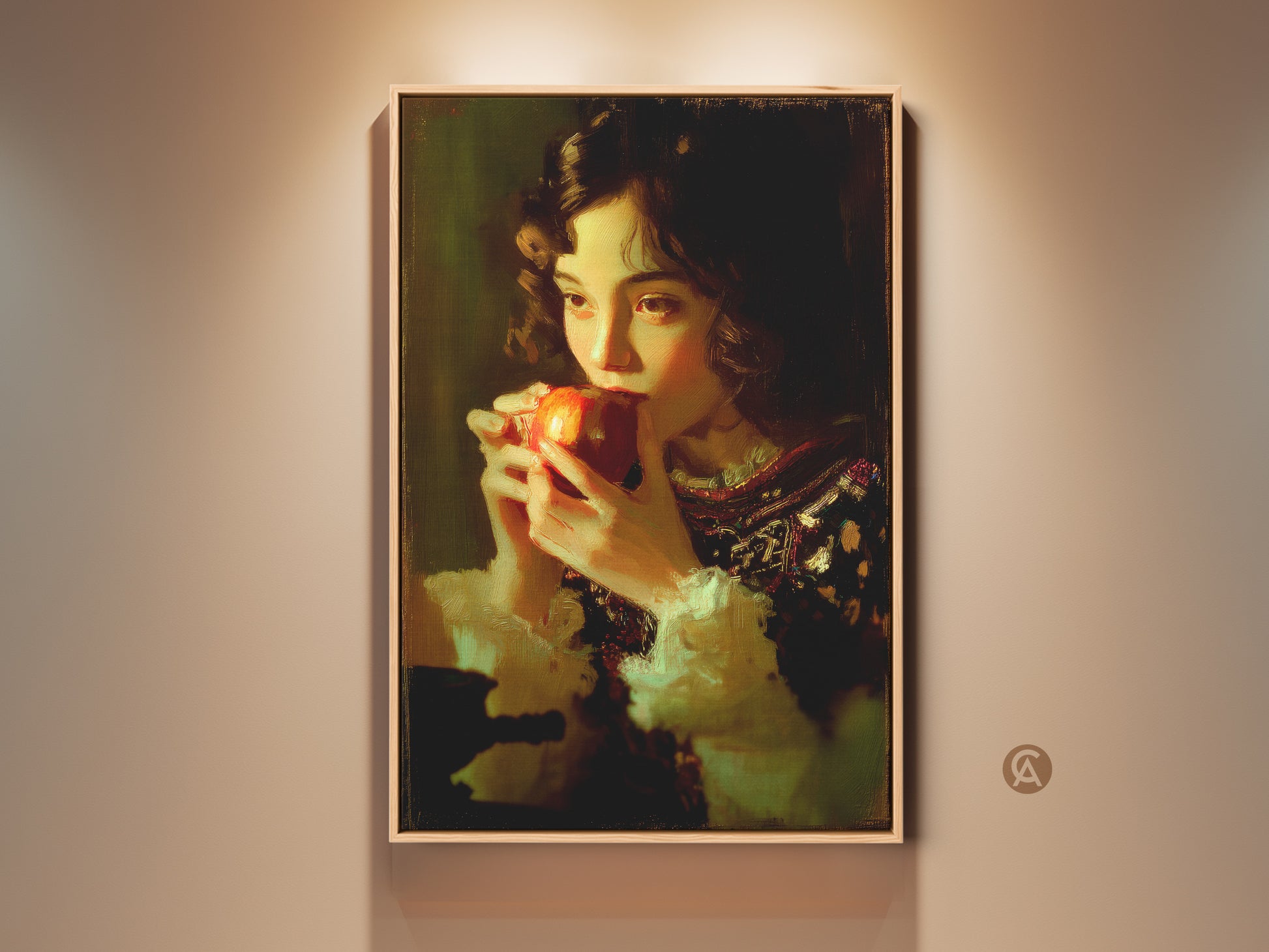 Traditional girl eating apple canvas print wall art. Classical realism artwork showcases a young girl enjoying a red apple. Chiaroscuro style with goldenrod and red tones. Perfect for classic dining room or kitchen decor. This realism figure painting adds depth to any space.
