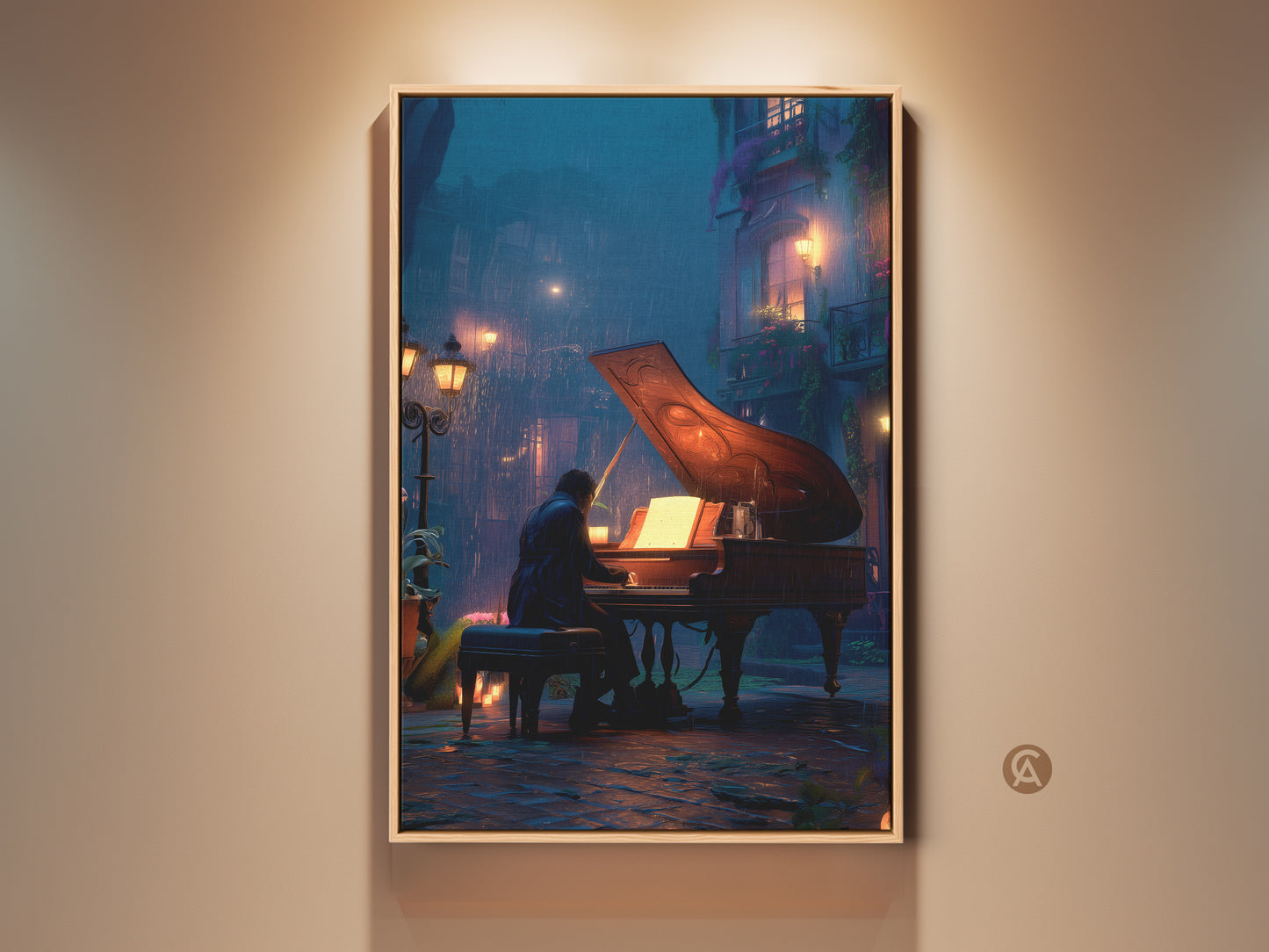 Experience the moody cinematic piano street art print. This framed canvas captures a pianist playing in a rainy urban setting. The deep blue and orange aesthetic adds a unique touch. Perfect eclectic home decor for music lovers. Shop now to bring visual music art to your space.