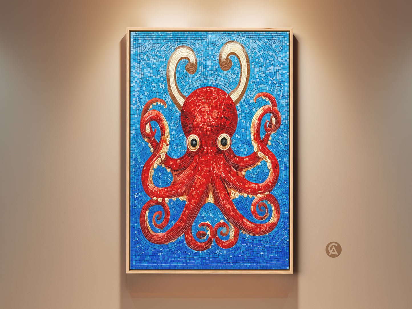Stunning red octopus mosaic wall art in a framed canvas. The artwork features a vibrant red octopus with gold accents against a blue mosaic background. This eclectic marine life decor adds a contemporary touch. It is a perfect housewarming gift for ocean lovers. Enhance your entryway or office with this unique sea creature art.