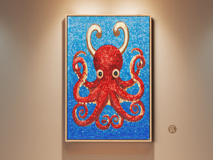 Stunning red octopus mosaic wall art in a framed canvas. The artwork features a vibrant red octopus with gold accents against a blue mosaic background. This eclectic marine life decor adds a contemporary touch. It is a perfect housewarming gift for ocean lovers. Enhance your entryway or office with this unique sea creature art.