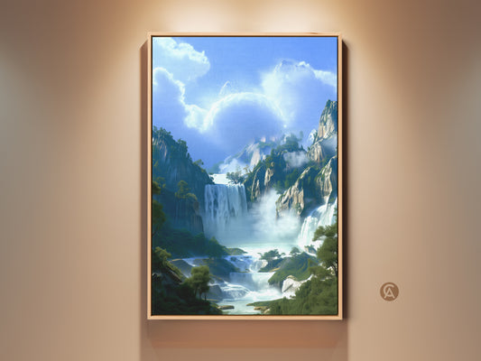 Experience the serenity of this digital painting landscape art print. A blue green waterfall cascades through a mountain forest scenery. This fantasy nature wall hanging brings an eclectic touch to any room. Perfect for nature lovers seeking a calming sky blue art piece.