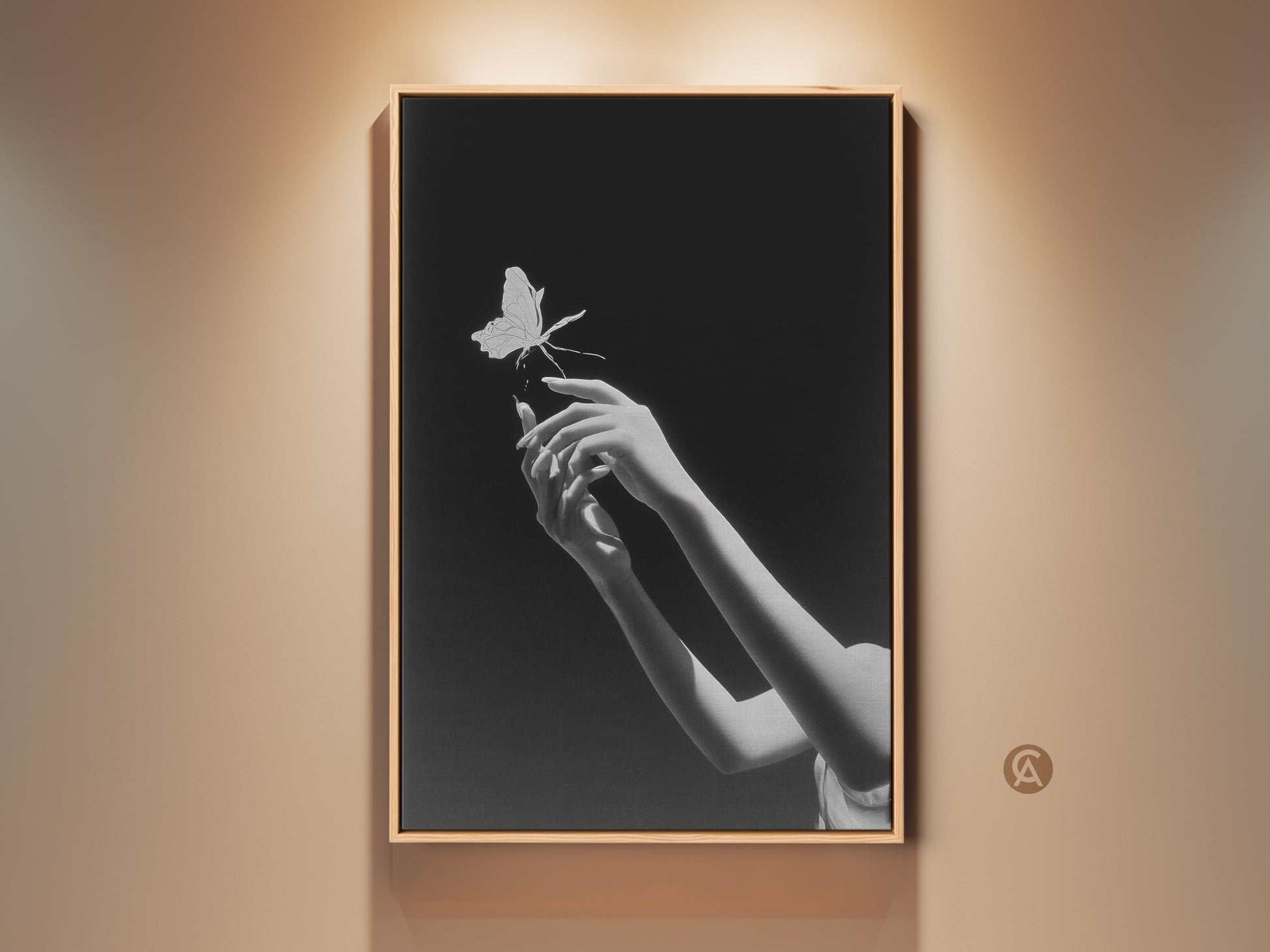 Elegant black and white art print featuring surreal hands reaching for a butterfly. This contemporary bedroom wall art adds a touch of symbolic nature to any modern home. It is a perfect gift for artists seeking minimalist and surreal wall decor. A fine art canvas print will bring an elegant aesthetic to your living space.