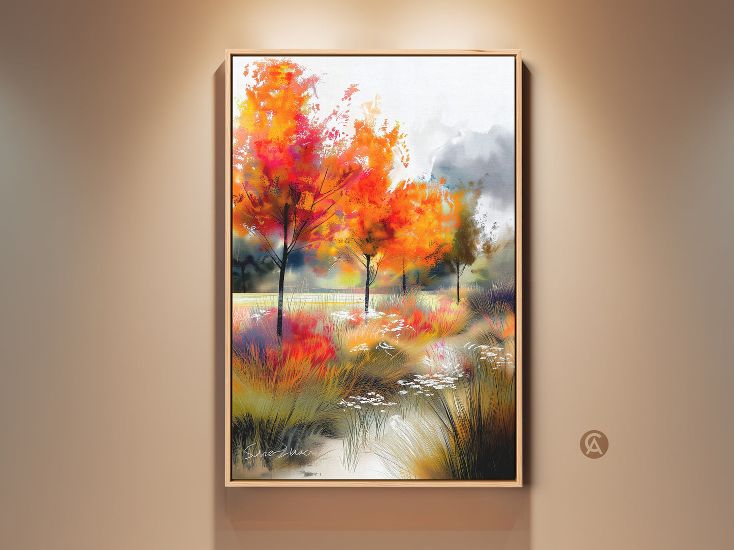 Framed artwork of a vibrant autumn landscape. The art features fiery orange trees and a serene stream. Gallery artwork perfect for adding warmth to any room. Shop now and bring the beauty of fall indoors.