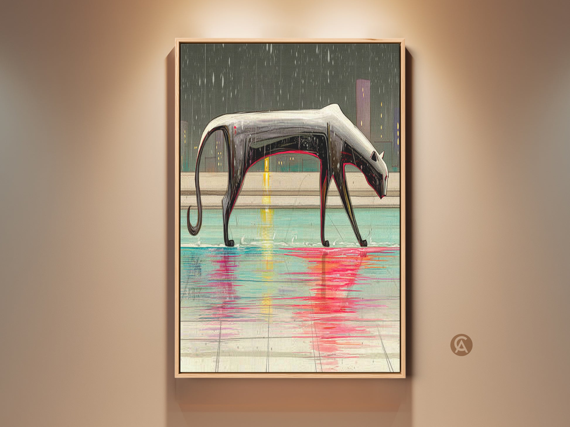 Surreal panther art print displayed in a frame. See the eclectic crimson teal canvas adding urban sophistication to a wall. This cityscape animal wall decor transforms your space. Add this modern bedroom art to your home. It is the perfect gift for urban art lovers.