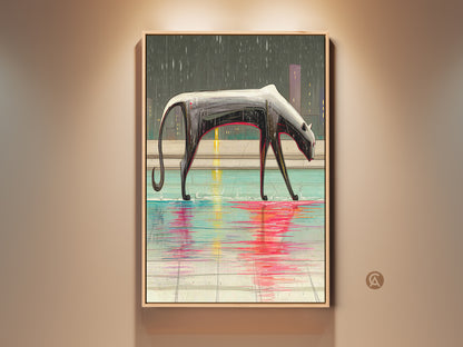 Surreal panther art print displayed in a frame. See the eclectic crimson teal canvas adding urban sophistication to a wall. This cityscape animal wall decor transforms your space. Add this modern bedroom art to your home. It is the perfect gift for urban art lovers.