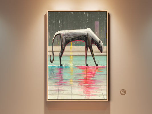 Surreal panther art print displayed in a frame. See the eclectic crimson teal canvas adding urban sophistication to a wall. This cityscape animal wall decor transforms your space. Add this modern bedroom art to your home. It is the perfect gift for urban art lovers.