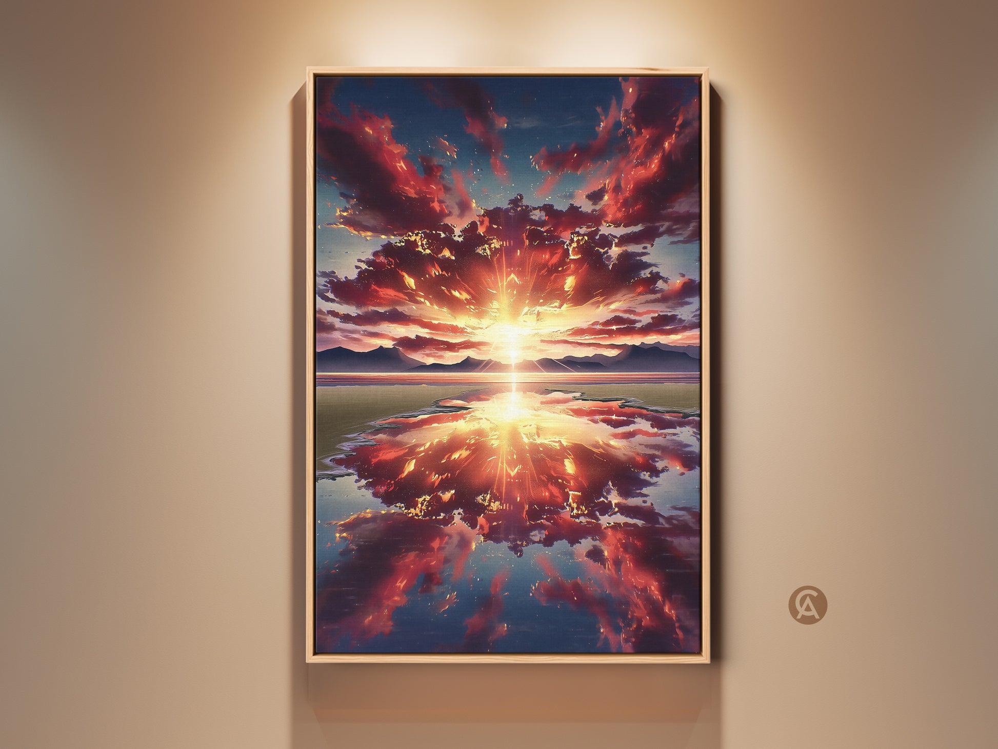 Framed sunset over mountains canvas art hangs on a beige wall. This nature artwork showcases a red orange sky and blue landscape. The contemporary style adds beauty to any bedroom or office.