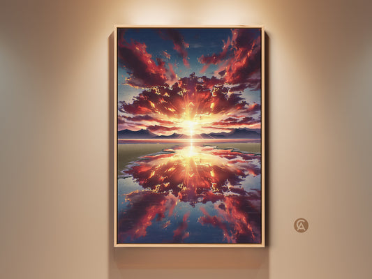Framed sunset over mountains canvas art hangs on a beige wall. This nature artwork showcases a red orange sky and blue landscape. The contemporary style adds beauty to any bedroom or office.