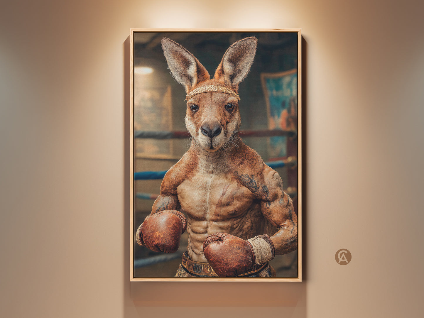 Surreal kangaroo boxer art print in a frame. This funny animal wall decor adds humor to any room. It is great for a sports canvas or man cave gift. The eclectic home office artwork features a muscular tan kangaroo ready for a boxing match