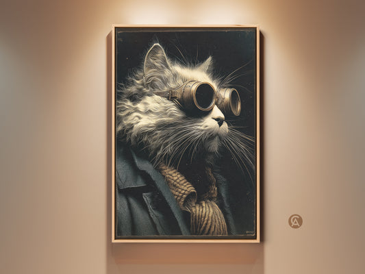 Gallery display of a steampunk cat portrait. The cat wears goggles and a coat. This artwork is a fun and quirky addition to any home. It adds personality and charm to your decor.