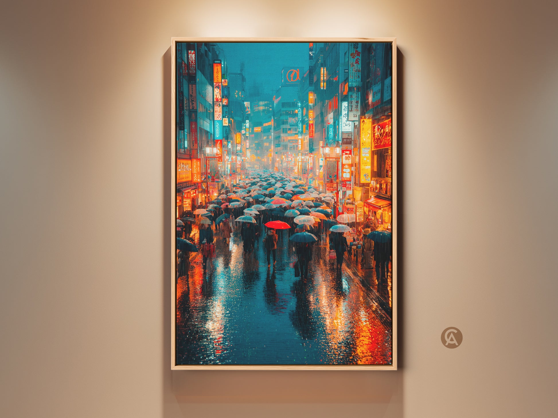 A framed canvas print displays a cyberpunk cityscape. The artwork shows a rainy Japanese street at night. Neon signs and a crowd of people with umbrellas create a cinematic urban scene. Perfect wall decor for media rooms and modern living spaces.