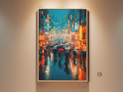 A framed canvas print displays a cyberpunk cityscape. The artwork shows a rainy Japanese street at night. Neon signs and a crowd of people with umbrellas create a cinematic urban scene. Perfect wall decor for media rooms and modern living spaces.