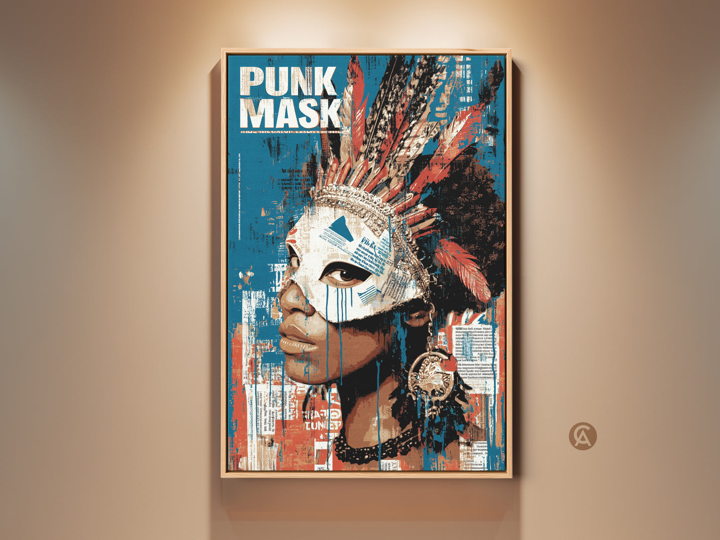 Framed 'Punk Mask' canvas art is displayed. This tribal grunge portrait features a feather headdress and mixed media elements. The artwork is a bold statement piece perfect for eclectic home decor. Its blue red and orange hues add vibrant energy to any room. This edgy print is ideal for art collectors seeking unique wall accents.