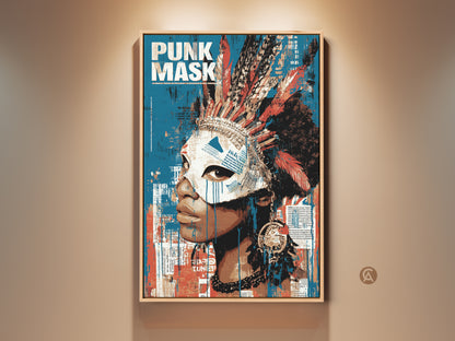 Framed 'Punk Mask' canvas art is displayed. This tribal grunge portrait features a feather headdress and mixed media elements. The artwork is a bold statement piece perfect for eclectic home decor. Its blue red and orange hues add vibrant energy to any room. This edgy print is ideal for art collectors seeking unique wall accents.